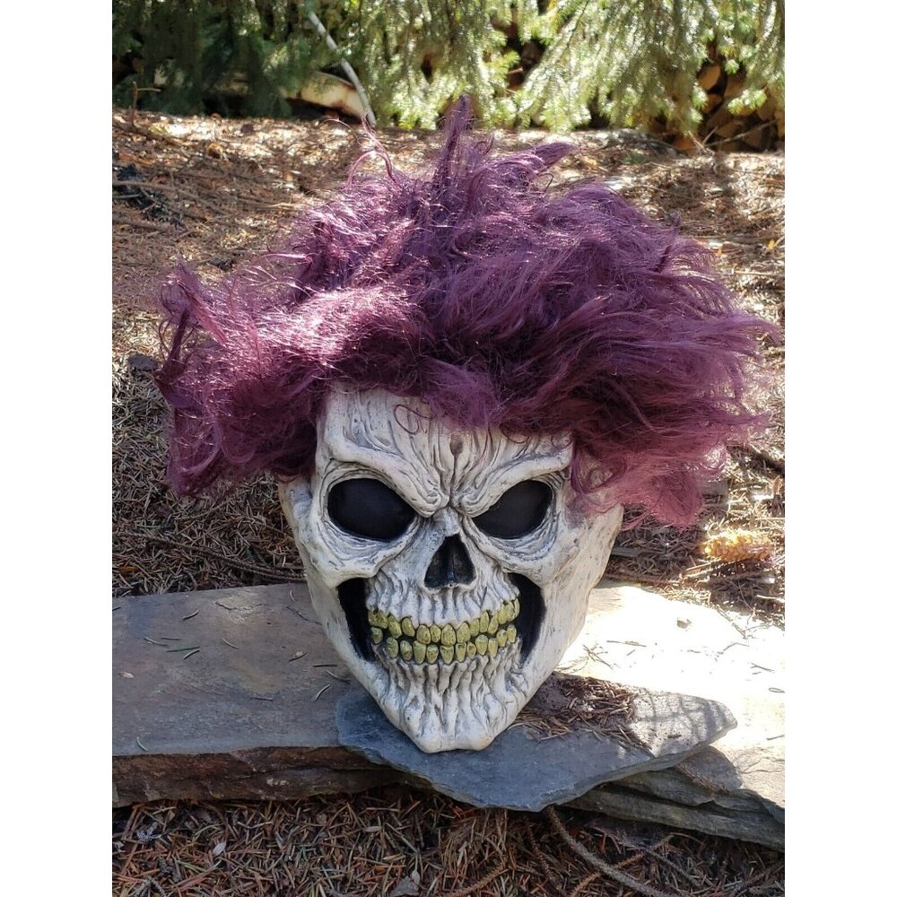 Skull Skeleton Mask Full Head Purple Wig Latex Halloween Costume Adult Vintage